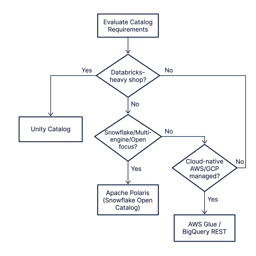 Flowchart decision tree helping engineers evaluate catalog requirements and select the correct Iceberg control plane
