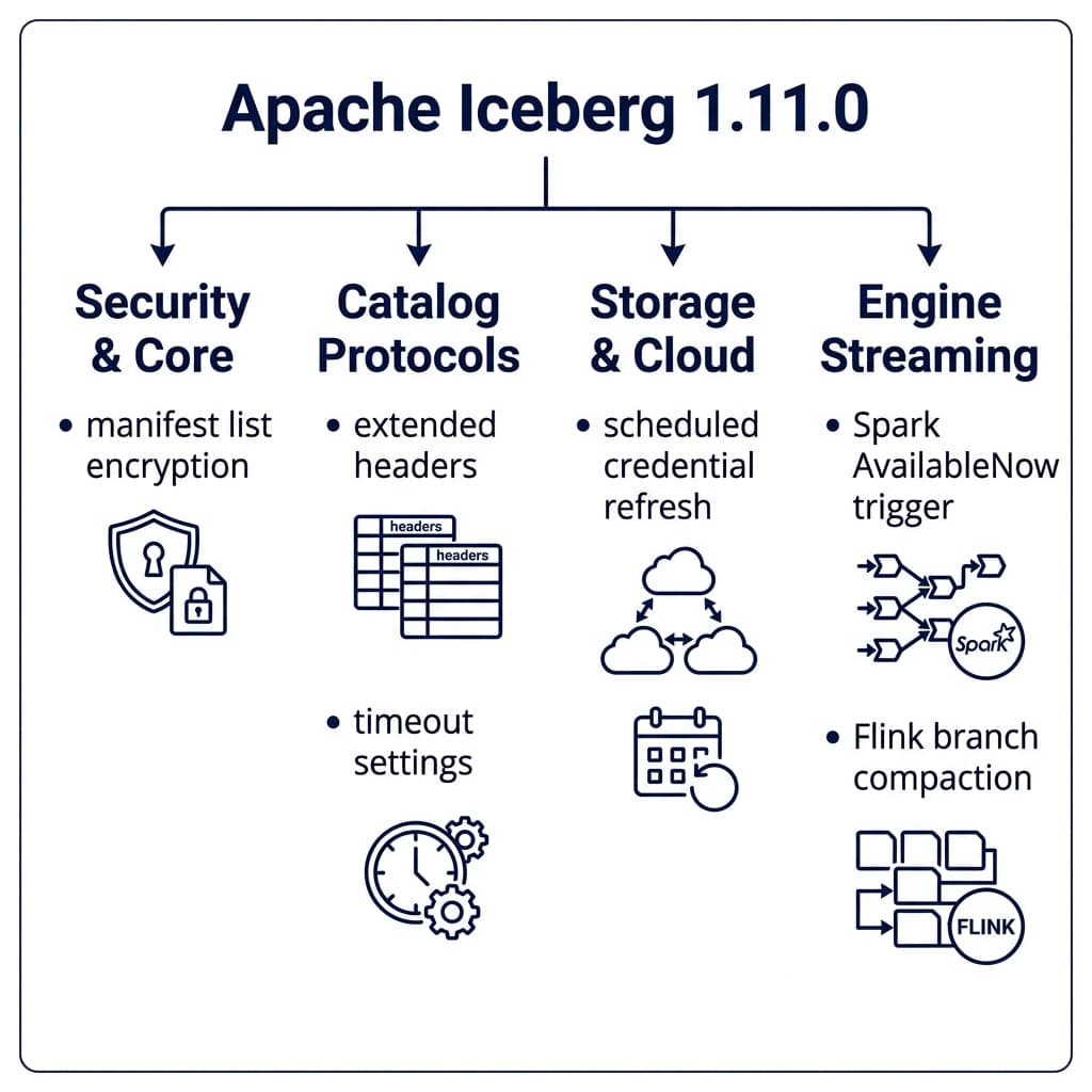 Apache Iceberg 1.11.0 release overview diagram showing Security, Catalog, Storage, and Engine pillars